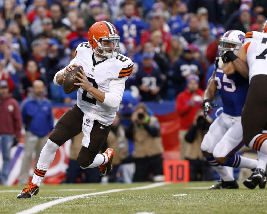 Nov 30, 2014; Orchard Park, NY, USA; Cleveland Browns quarterback Johnny Manziel (2) runs with the ball against the Cleveland Browns during the second half at Ralph Wilson Stadium. Bills beat the Browns 26-10.