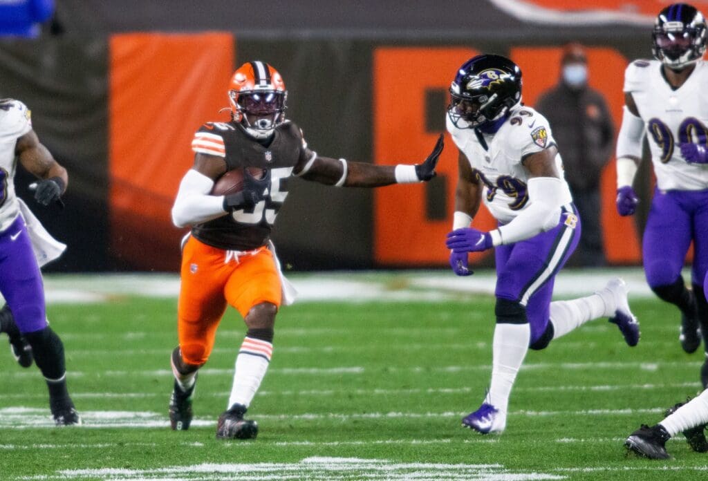 Dec 14, 2020; Cleveland, Ohio, USA; Cleveland Browns tight end David Njoku (85) runs the ball past Baltimore Ravens outside linebacker Matt Judon (99) during the first quarter at FirstEnergy Stadium.