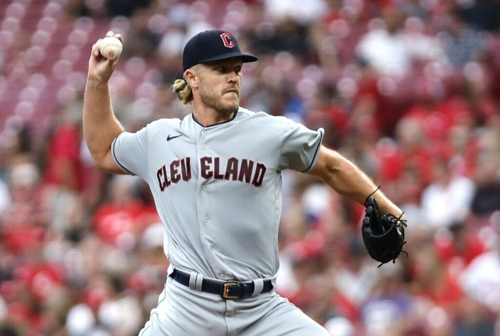Aug 16, 2023; Cincinnati, Ohio, USA; Cleveland Guardians starting pitcher Noah Syndergaard (34) throws against the Cincinnati Reds during the second inning at Great American Ball Park. 