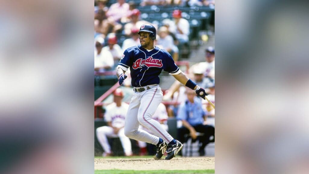 1995, Arlington, TX, USA; FILE PHOTO; Cleveland Indians left fielder Albert Belle in action at the plate against the Texas Rangers at the Ballpark at Arlington during the 1995 season.