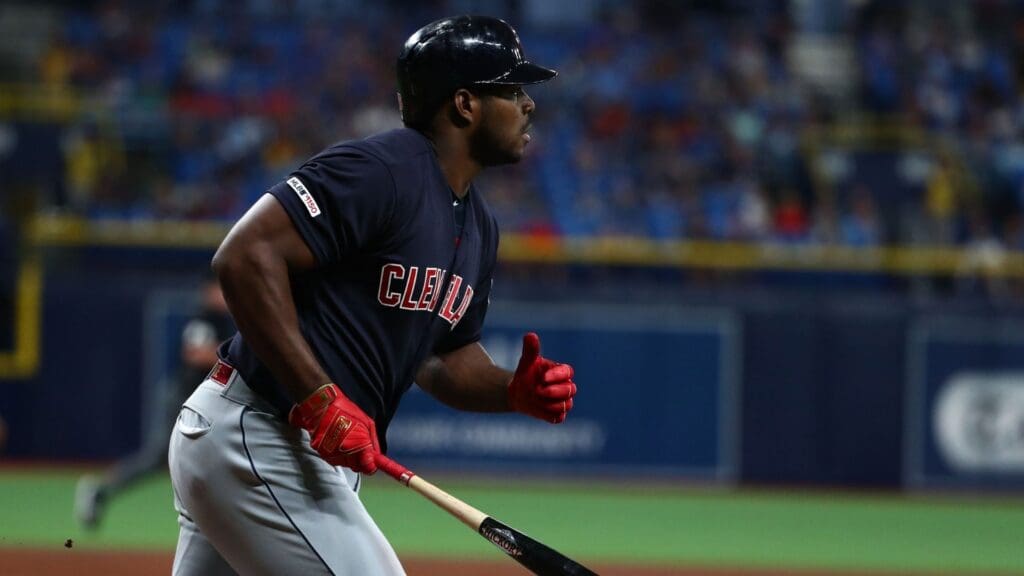 Aug 30, 2019; St. Petersburg, FL, USA; Cleveland Indians right fielder Yasiel Puig (66) at Tropicana Field.
