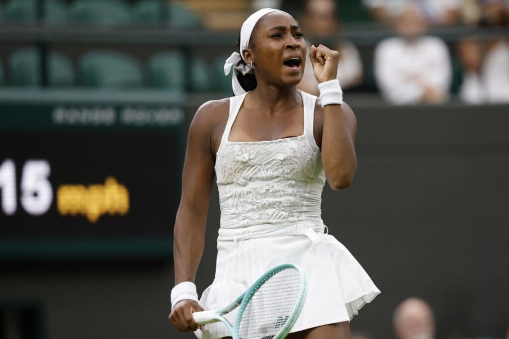 Jul 1, 2025; Wimbledon United Kingdom; Coco Gauff (USA) reacts after winning a point against Dayana Yastremska (UKR)(not pictured) on day 2 of The Championships, Wimbledon 2025 at All England Lawn Tennis and Croquet Club.