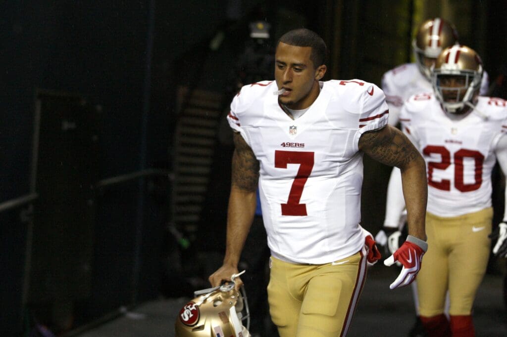 Dec 23, 2012, Seattle, WA, USA; San Francisco 49ers quarterback Colin Kaepernick (7) comes out on to the field for pregame warmups against the Seattle Seahawks at CenturyLink Field.