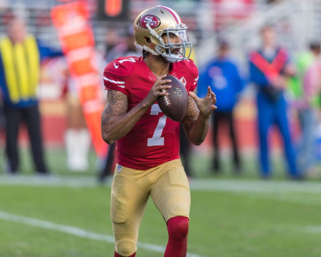 Jan 1, 2017; Santa Clara, CA, USA; San Francisco 49ers quarterback Colin Kaepernick (7) looks down field during the second quarter against the Seattle Seahawks at Levis Stadium.