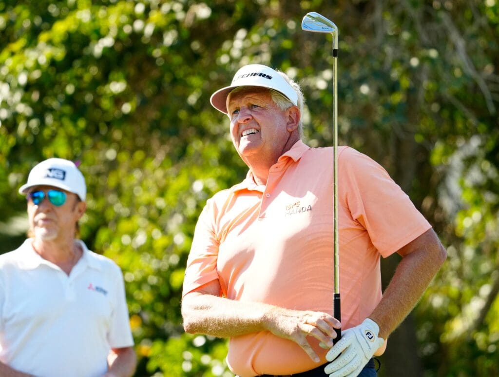 Nov 13, 2022; Phoenix, AZ, USA; Colin Montgomerie plays his tee shot on the second hole during the final round of the Charles Schwab Cup Championship at Phoenix Country Club.