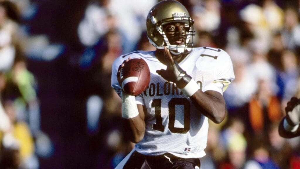 Oct 1992; Lawrence, KS, USA; FILE PHOTO; Colorado Buffaloes quarterback Kordell Stewart (10) during the 1992 season against the Kansas Jayhawks at Memorial Stadium.