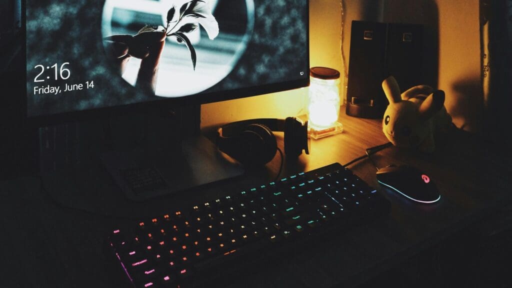 Computer Set With Lights Turned On
