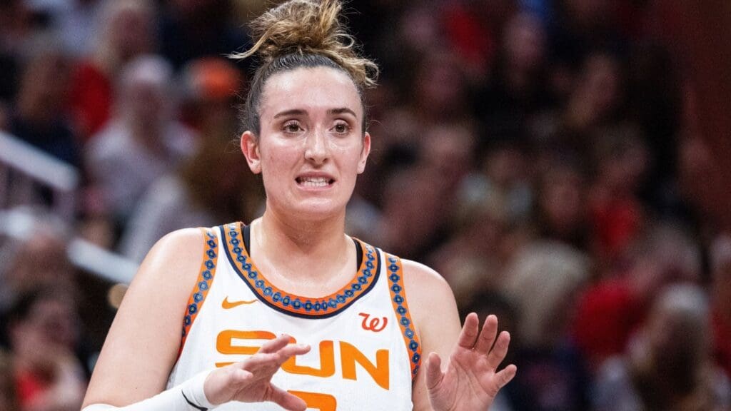 Jun 17, 2025; Indianapolis, Indiana, USA; Connecticut Sun guard Marina Mabrey (3) in the first half against the Indiana Fever at Gainbridge Fieldhouse.