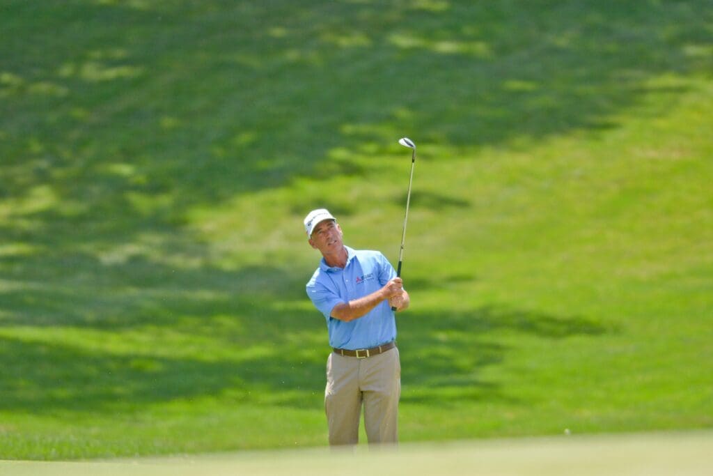 Jul 14, 2013; Omaha, NE, USA; Corey Pavin hits his approach shot on the second hole during the final round of the 2013 U.S. Senior Open at the Omaha Country Club.