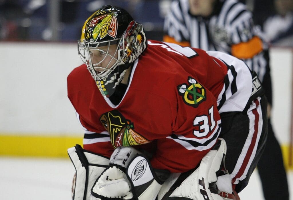 Mar 7, 2006; Columbus, OH, USA; Chicago Blackhawks goalie (31) Craig Anderson in the net against the Columbus Blue Jackets at Nationwide Arena. Blackhawks beat the Blue Jackets 3-1.
