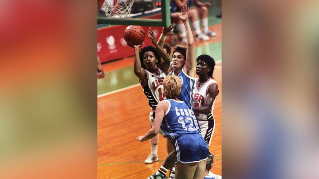 Sep 19, 1988; Seoul, SOUTH KOREA; FILE PHOTO; Cynthia Cooper (USA) (14) and Katrina McClain (USA) (12) in action against Czechoslovakia during the women's basketball tournament at the 1988 Seoul Olympic Games at Jamsil Gymnasium. 