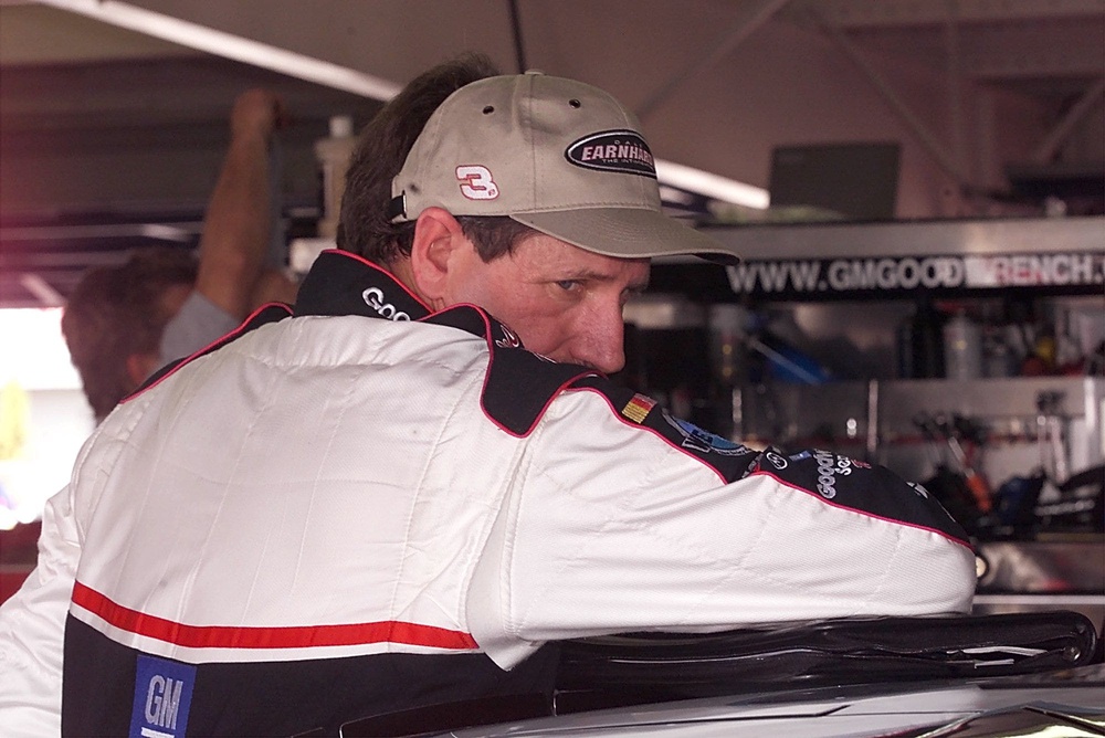 Dale Earnhardt in his garage area during practice for the February 2001 Daytona 500