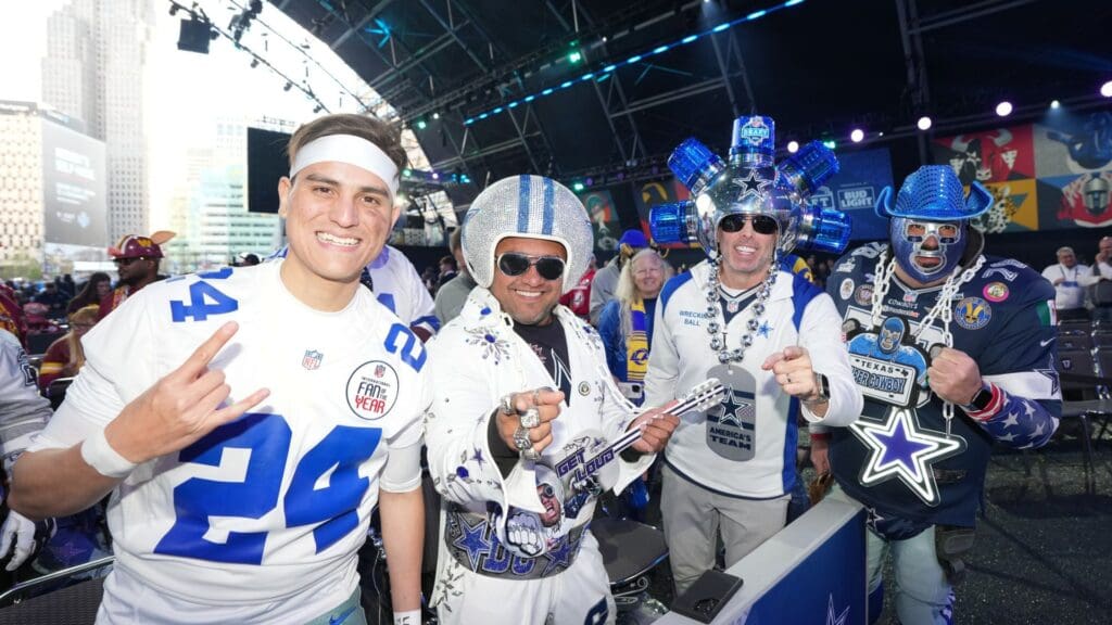 Apr 25, 2024; Detroit, MI, USA; Dallas Cowboys fans pose for a photograph during the 2024 NFL Draft at Campus Martius Park and Hart Plaza.