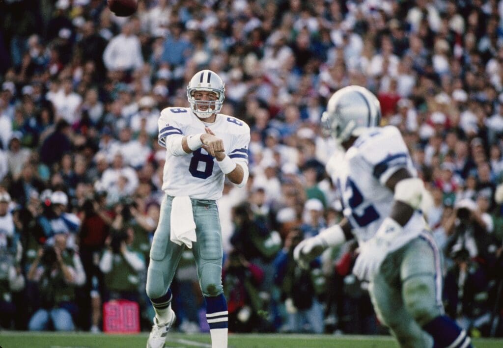 Jan 31, 1993; Pasadena, CA, USA; FILE PHOTO; Dallas Cowboys Quarterback #8 TROY AIKMAN in action during Super Bowl XXVII against the Buffalo Bills at the Rose Bowl as the Cowboys defeated the Bills 52-17. Aikman was 22 of 30 passes and 273 yards and 4 touchdowns which earned him the games most valuable player.