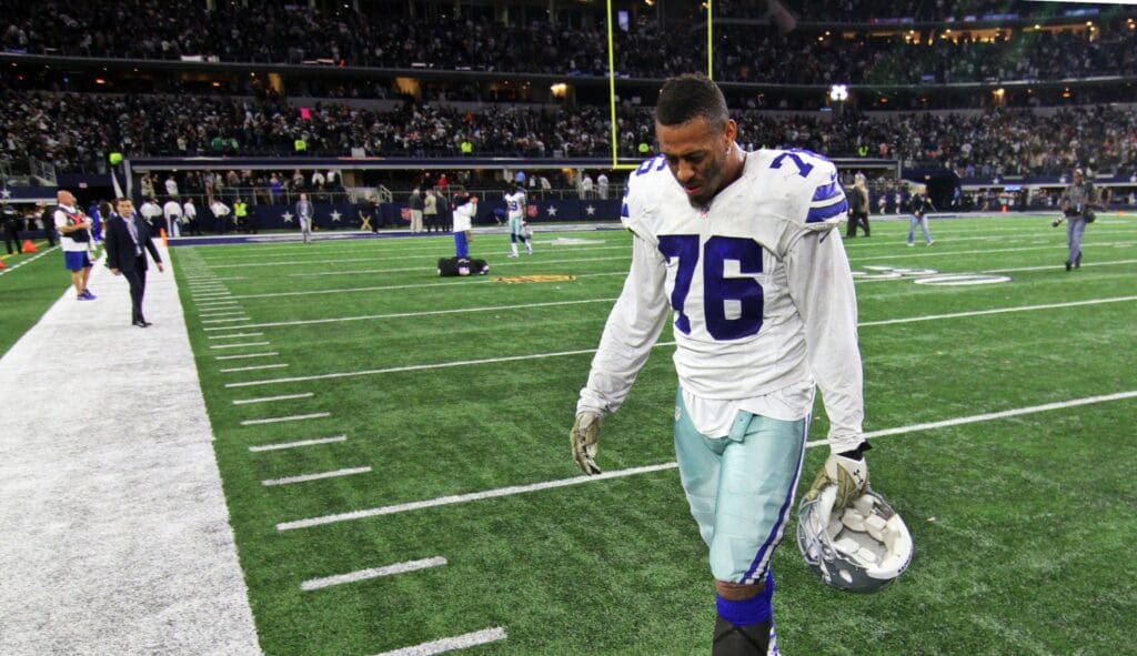 Nov 8, 2015; Arlington, TX, USA; Dallas Cowboys defensive end Greg Hardy (76) leaves the field following a game against the Philadelphia Eagles at AT&T Stadium. Eagles won 33-27 in overtime. 