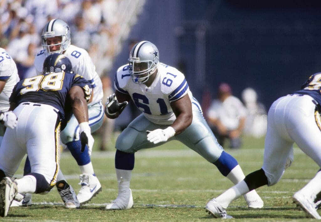 Oct 15, 1995; San Diego, CA, USA; FILE PHOTO; Dallas Cowboys guard Nate Newton (61) in action against the San Diego Chargers at Jack Murphy Stadium.