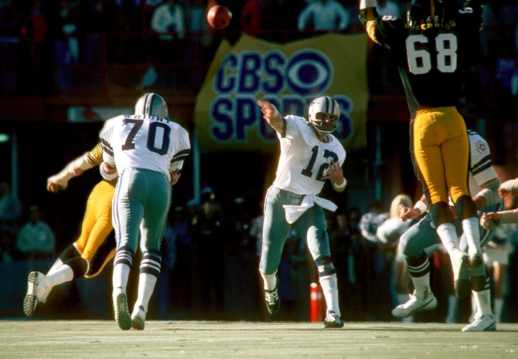 Jan 18,1976; Miami, FL, USA; FILE PHOTO; Dallas Cowboys quarterback #12 Roger Staubach in action against the Pittsburgh Steelers during Super Bowl X at the Orange Bowl. The Steelers defeated the Cowboys 21-17.