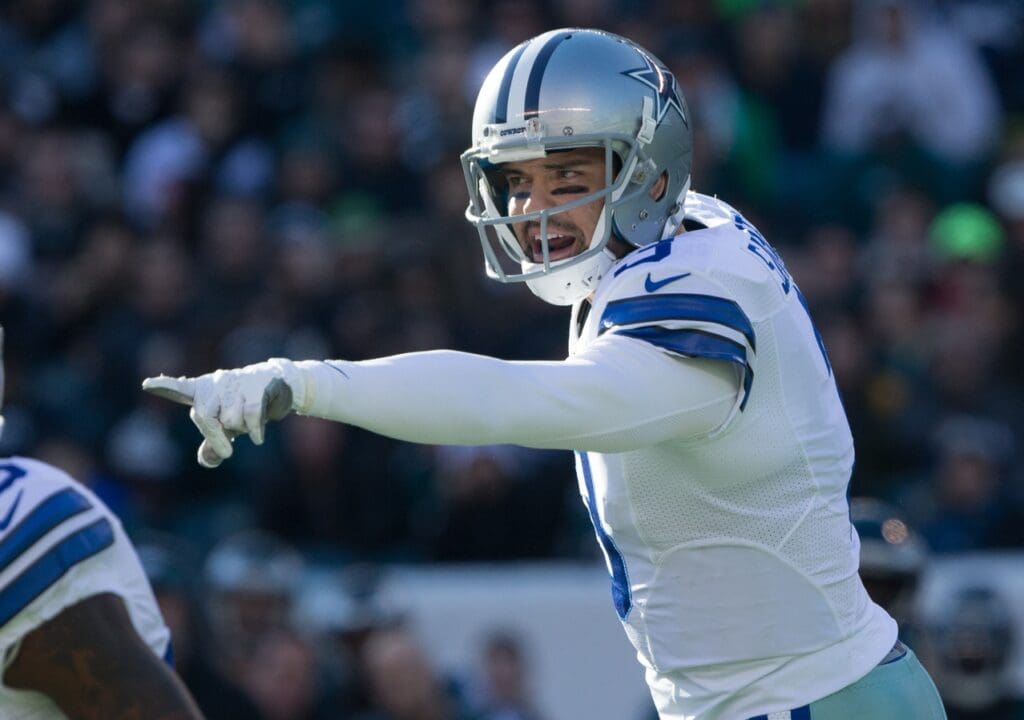 Jan 1, 2017; Philadelphia, PA, USA; Dallas Cowboys quarterback Mark Sanchez (3) calls a play against the Philadelphia Eagles during the second quarter at Lincoln Financial Field. The Philadelphia Eagles won 27-13. 