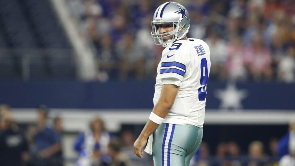 Aug 29, 2015; Arlington, TX, USA; Dallas Cowboys quarterback Tony Romo (9) looks to the sidelines against the Minnesota Vikings at AT&T Stadium.