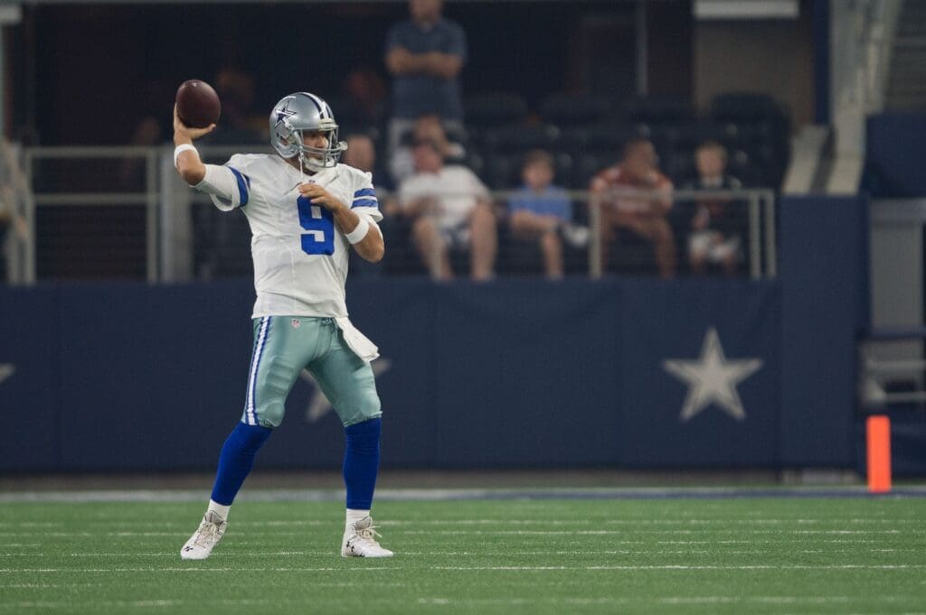 Aug 19, 2016; Arlington, TX, USA; Dallas Cowboys quarterback Tony Romo (9) warms up during the game against the Miami Dolphins at AT&T Stadium. The Cowboys defeat the Dolphins 41-14