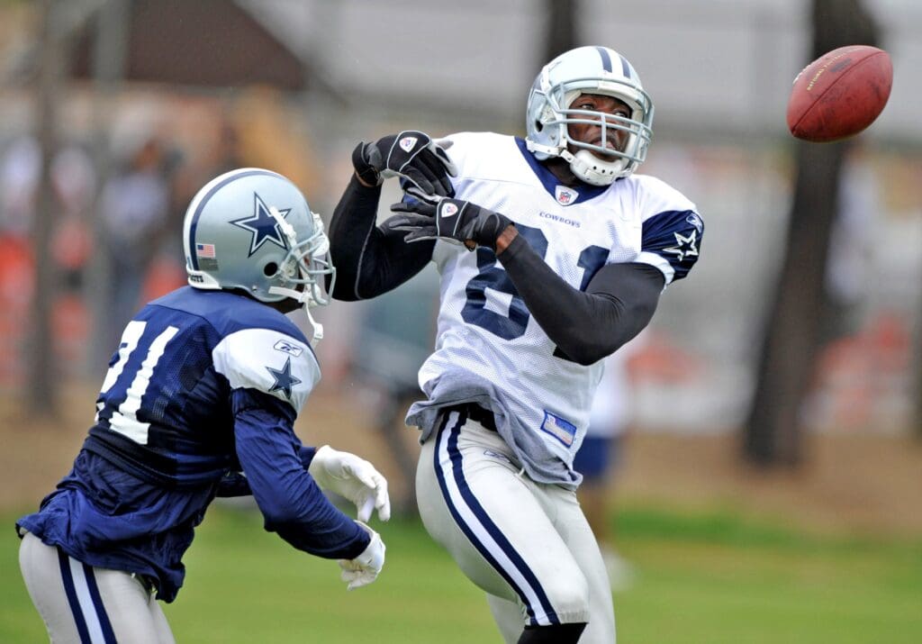 Jul 28, 2008; Oxnard, CA, USA; Dallas Cowboys receiver Terrell Owens (81) is defended by cornerback Pacman Jones (21) aka Adam Jones at training camp at River Ridge Field at Residence Inn by Marriott.