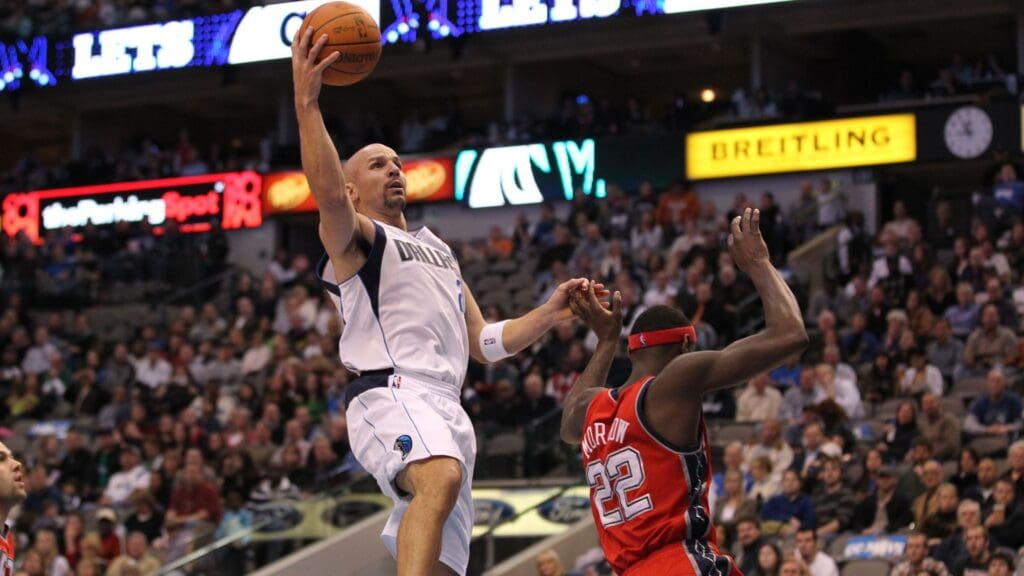 Dec 9, 2010; Dallas, TX, USA; Dallas Mavericks guard Jason Kidd (2) shoots in the third quarter against New Jersey Nets guard Anthony Morrow (22) at American Airlines Center. The Mavs beat Nets 102-89. 
