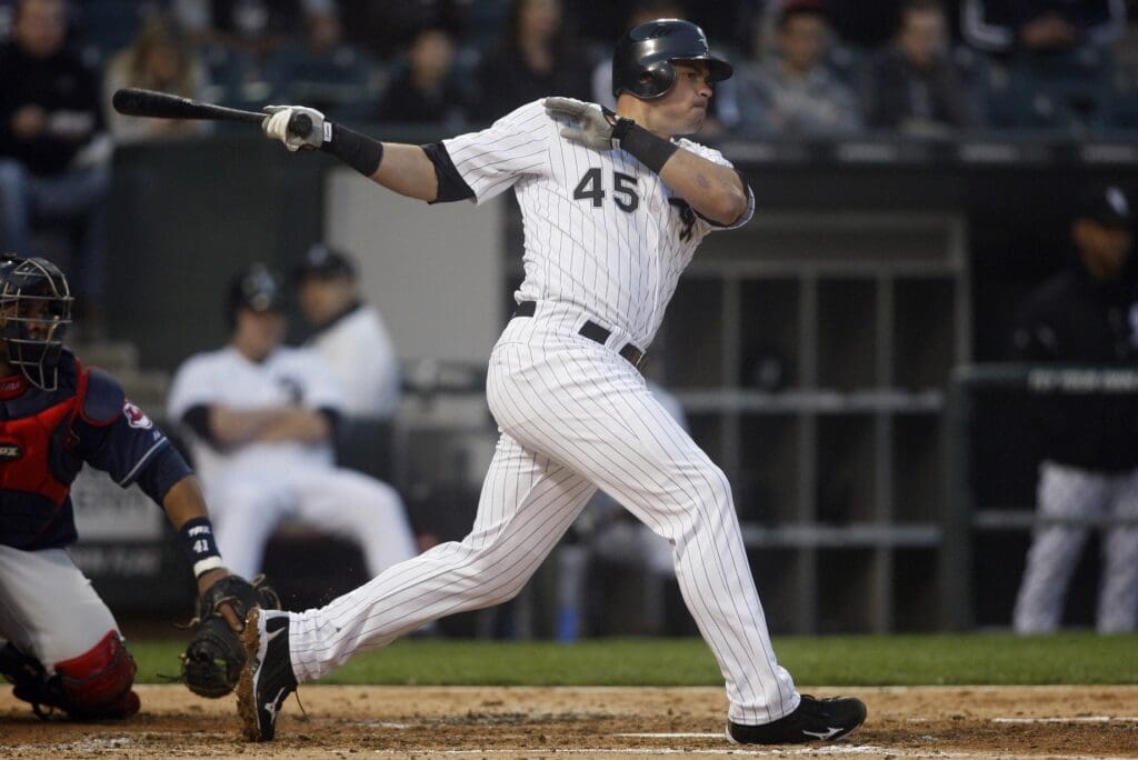 May 19, 2011; Chicago, IL, USA; Chicago White Sox infielder Dallas McPherson hits a single during the second inning against the Cleveland Indians at US Cellular Field.