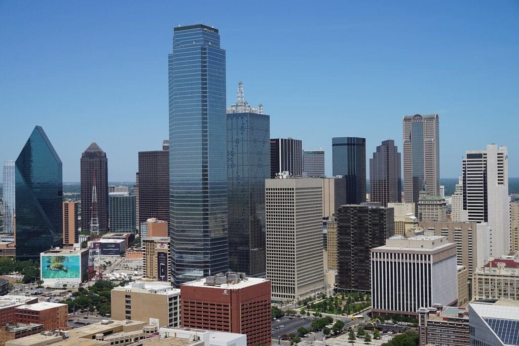 A view of the Dallas skyline from the GeO-Deck of Reunion Tower in Dallas, Texas (United States).
