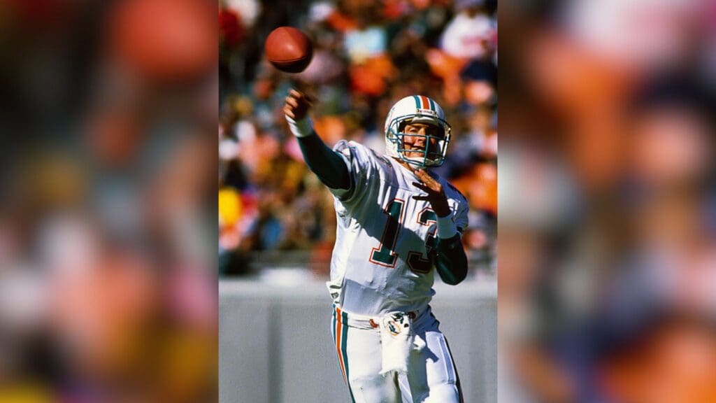 Dec 24, 1989; Miami, FL, USA; FILE PHOTO; Miami Dolphins quarterback Dan Marino (13) throws the ball against the Kansas City Chiefs at Joe Robbie Stadium. Mandatory Credit: Tony Tomsic-USA TODAY NETWORK