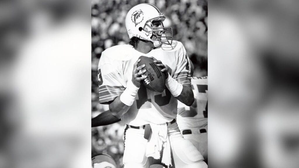 Sep 22, 1985, Miami, FL, USA; FILE PHOTO; Miami Dolphins quarterback Dan Marino (13) looks to throw against the Kansas City Chiefs during the 1985 season at the Orange Bowl.