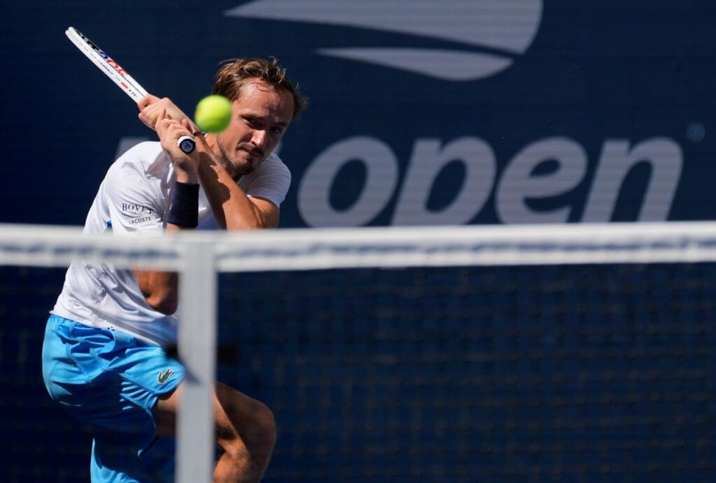 Sept 2, 2024; Flushing, NY, USA; Daniil Medvedev hits to Nuno Borges (POR) on day eight of the 2024 U.S. Open tennis tournament at USTA Billie Jean King National Tennis Center.
