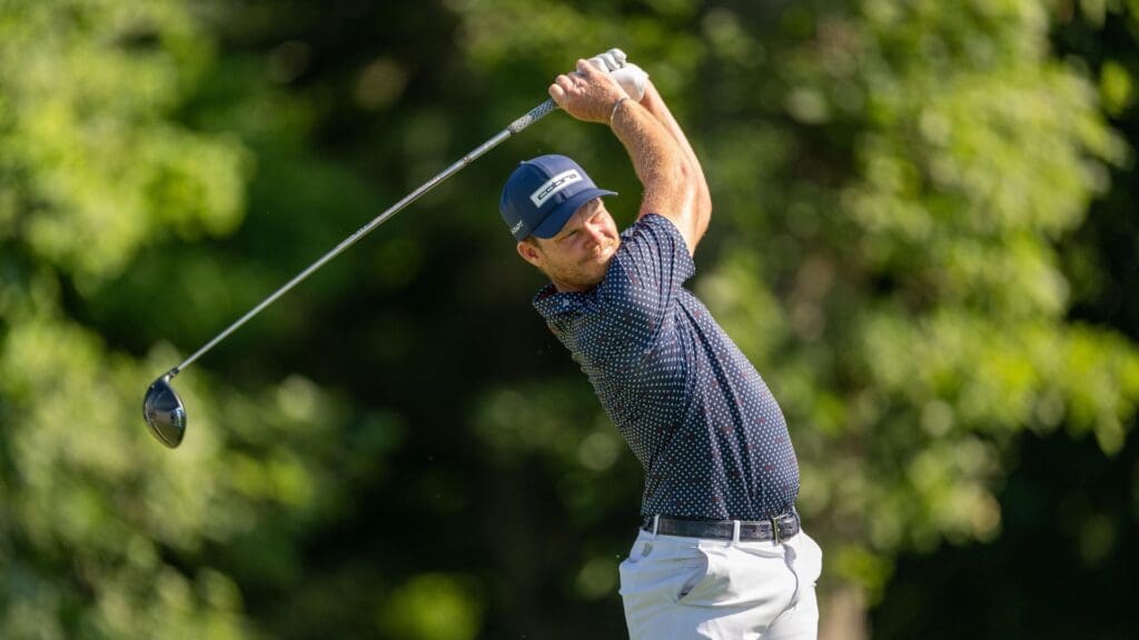 Jul 4, 2025; Silvis, Illinois, USA; Danny Willett tees off on the 13th hole during the second round of the John Deere Classic golf tournament