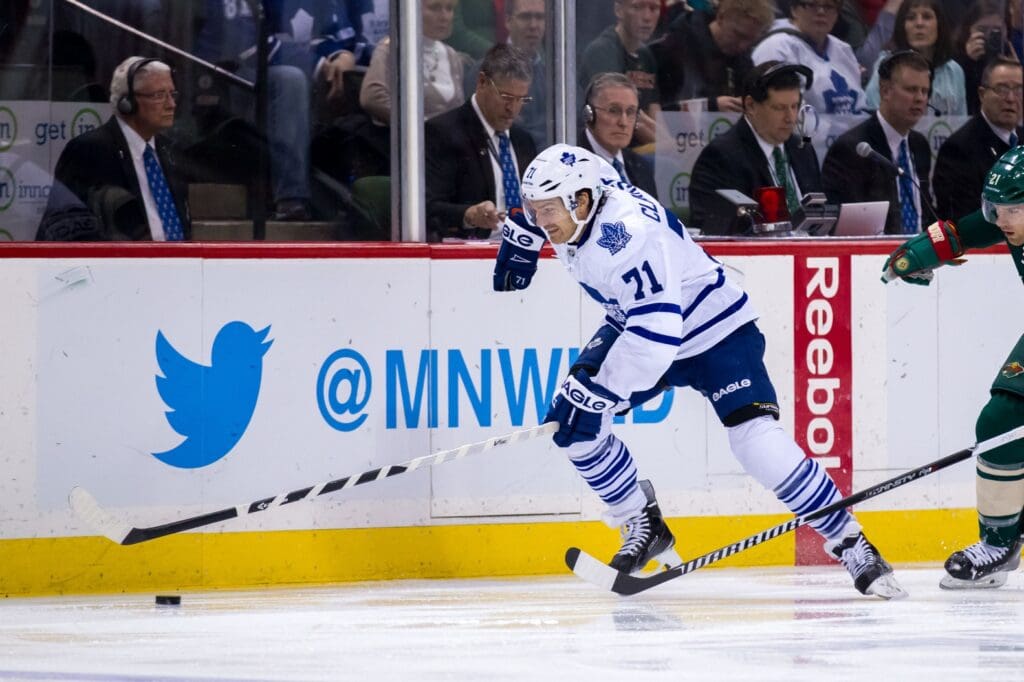 Jan 2, 2015; Saint Paul, MN, USA; Toronto Maple Leafs forward David Clarkson (71) skates with the puck in the first period against the Minnesota Wild at Xcel Energy Center. The Minnesota Wild win 3-1.