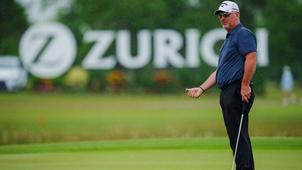 Apr 21, 2023; Avondale, Louisiana, USA; David Duval reacts to a putt on the 18th green during the second round of the Zurich Classic of New Orleans golf tournament. 