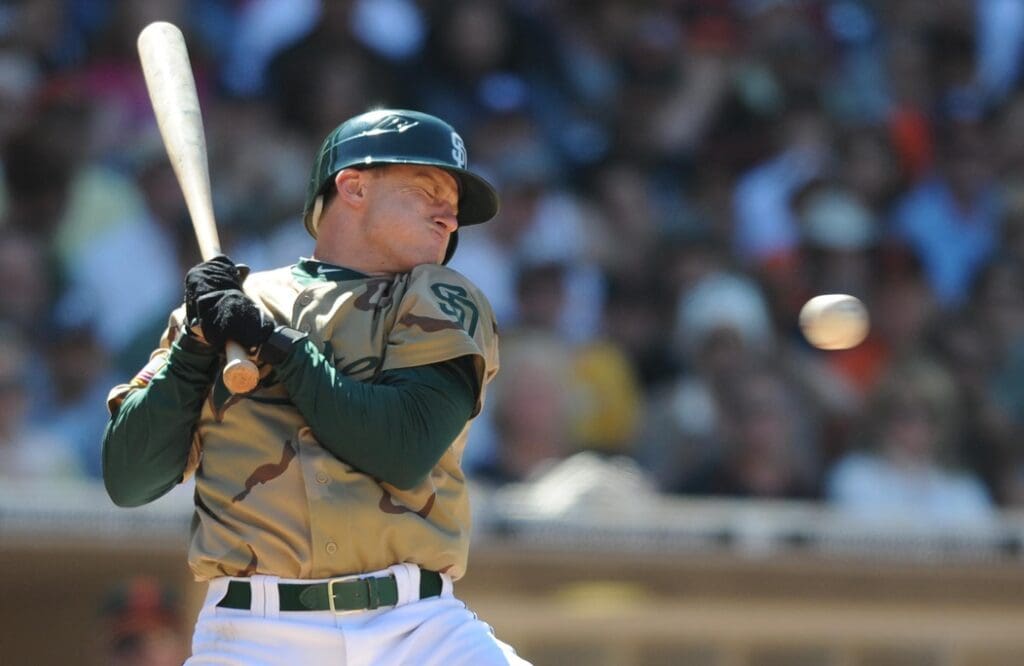 September 12, 2010; San Diego, CA, USA; San Diego Padres second baseman David Eckstein (22) moves to avoid being hit by a pitch during the sixth inning against the San Francisco Giants at Petco Park.