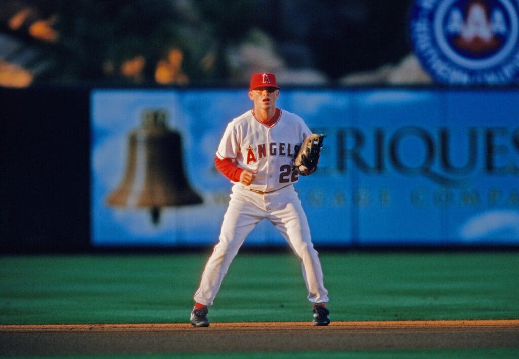Aug 2, 2003; Anaheim, CA, USA; FILE PHOTO; Anaheim Angels shortstop David Eckstein on the field against the Toronto Blue Jays at Edison Field.