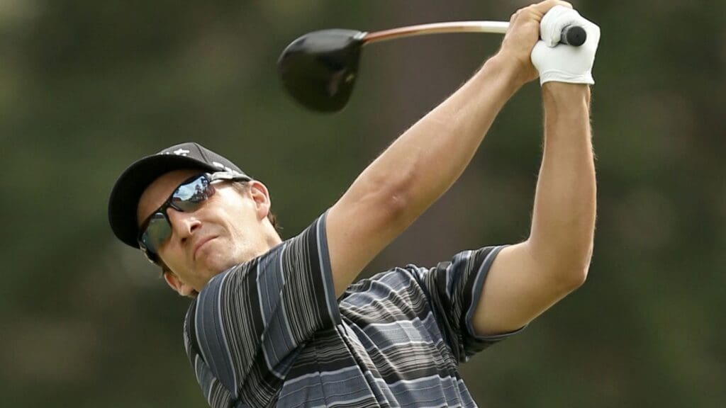 Jun 9, 2014; Pinehurst, NC, USA; David Gossett hits a tee shot on the 18th tee prior to the start of the 114th U.S. Open at Pinehurst No. 2 at Pinehurst Resort & Country Club.