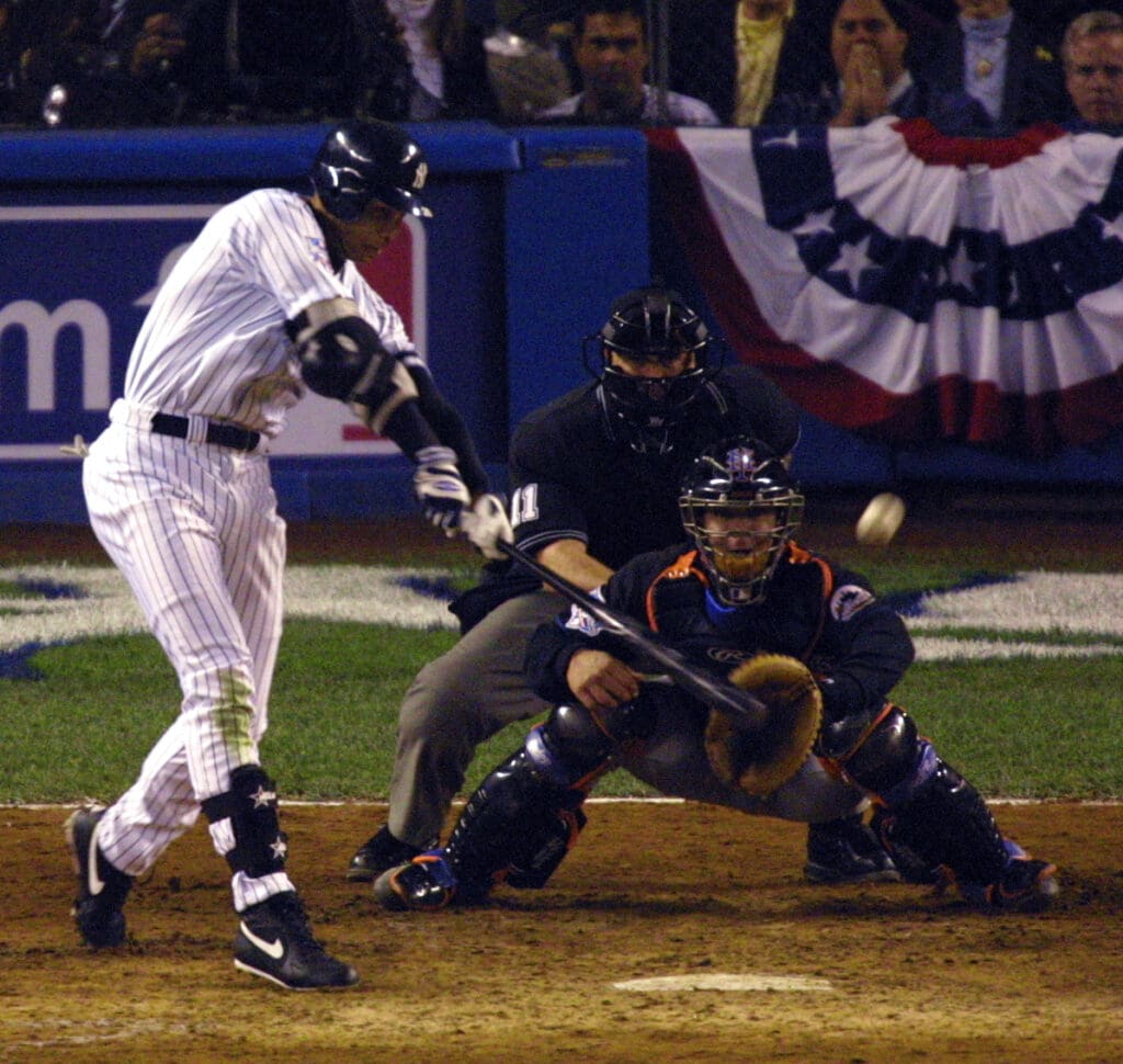 Oct 21, 2000; New York, NY, USA; David Justice doubles in two runs in the sixth inning of the first game of the World Series at Yankee Stadium in New York.