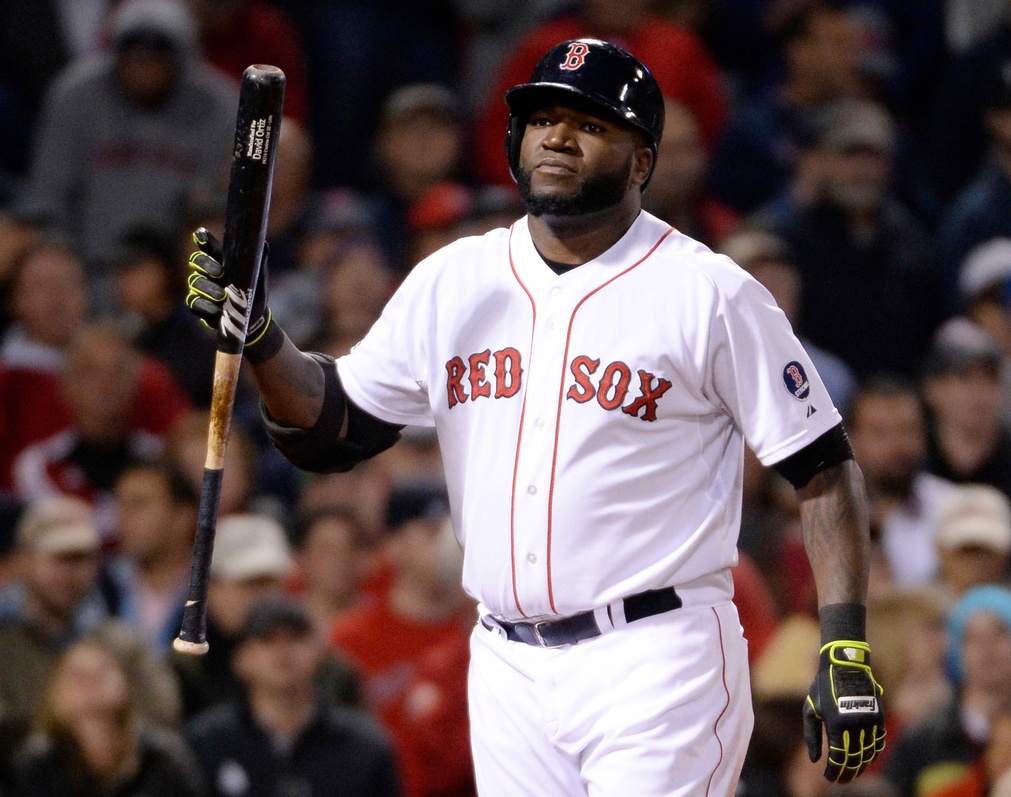 Oct 13, 2013; Boston, MA, USA; Boston Red Sox designated hitter David Ortiz (34) reacts after striking out against the Detroit Tigers during the sixth inning in game two of the American League Championship Series baseball game at Fenway Park.