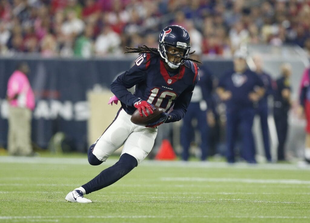 Oct 8, 2015; Houston, TX, USA; Houston Texans receiver DeAndre Hopkins (10) runs after a reception against Indianapolis Colts at NRG Stadium.
