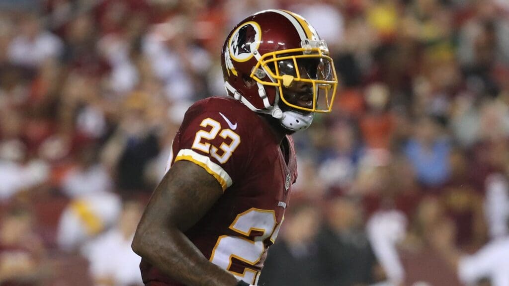 Aug 26, 2016; Landover, MD, USA; Washington Redskins strong safety DeAngelo Hall (23) follows the play against the Buffalo Bills at FedEx Field.