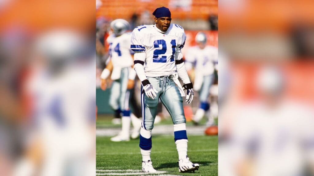 Nov 19, 1995; Oakland, CA, USA; FILE PHOTO; Dallas Cowboys defensive back Deion Sanders (21) on the field prior to a game against the Oakland Raiders at Oakland-Alameda County Coliseum.