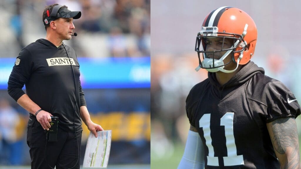 Oct 27, 2024; Inglewood, California, USA; New Orleans Saints head coach Dennis Allen watches game action against the Los Angeles Chargers during the first half at SoFi Stadium./May 18, 2016; Berea, OH, USA; Cleveland Browns wide receiver Terrelle Pryor (11) during official training activities at the Cleveland Browns training facility