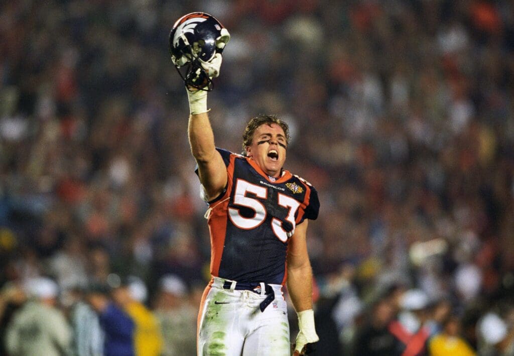 Jan 25, 1998; San Diego, CA, USA; FILE PHOTO; Denver Broncos linebacker (53) Bill Romanowski celebrates the Broncos victory over the Green Bay Packers in Super Bowl XXXII at Qualcomm Stadium 31-24.