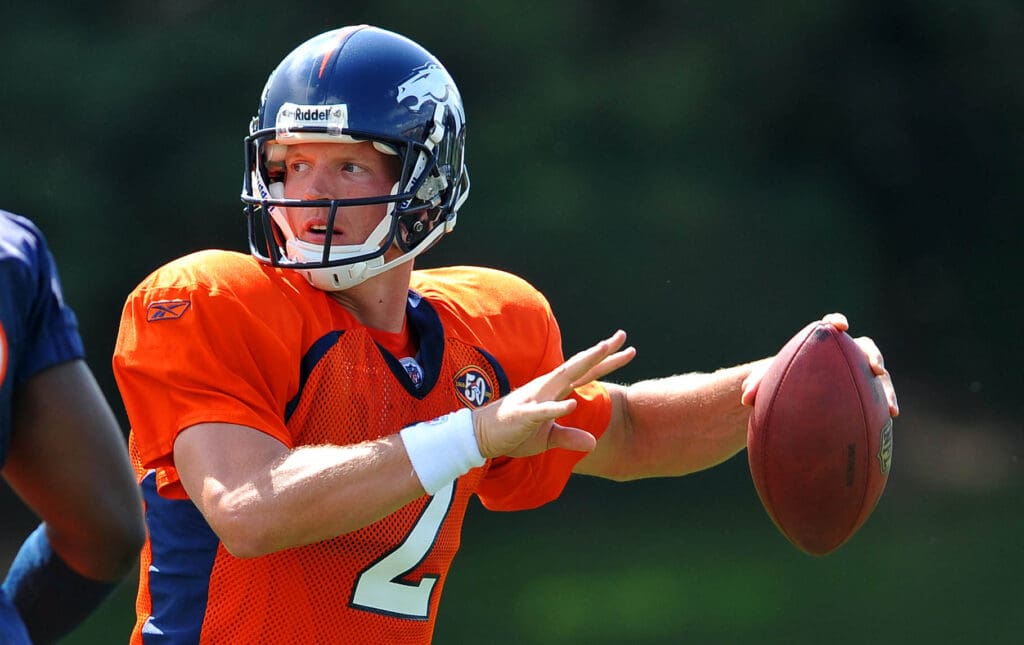 August 16, 2009; Englewood, CO, USA; Denver Broncos quarterback Chris Simms (2) prepares to throw during training camp drills at the Broncos training facility.