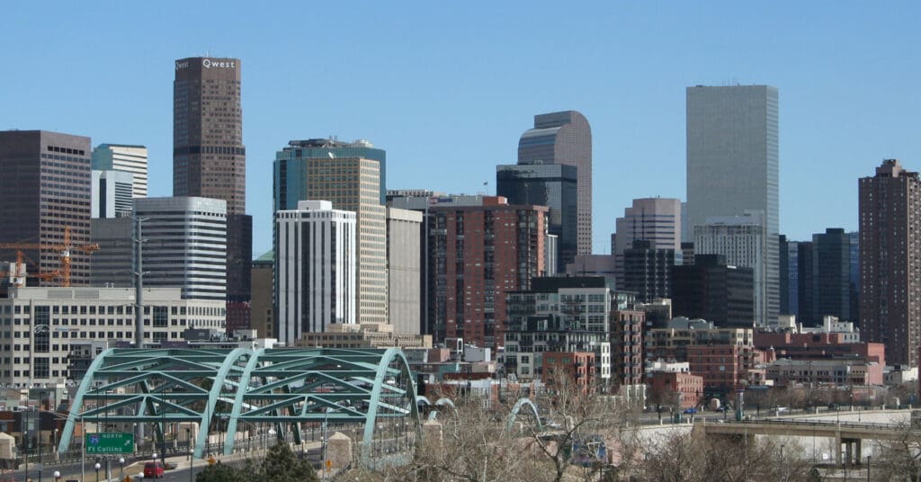 Denver skyline from I-25 and Speer Blvd. Photographer: Matt Wright Date: March 26, 2006 Camera: Canon EOS Rebel XT