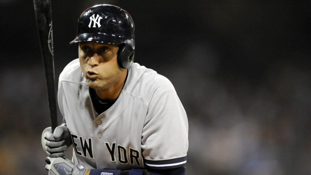 Aug 2, 2013; San Diego, CA, USA; New York Yankees shortstop Derek Jeter (2) watches a pitch during his at bat in the fifth inning against the San Diego Padres at Petco Park
