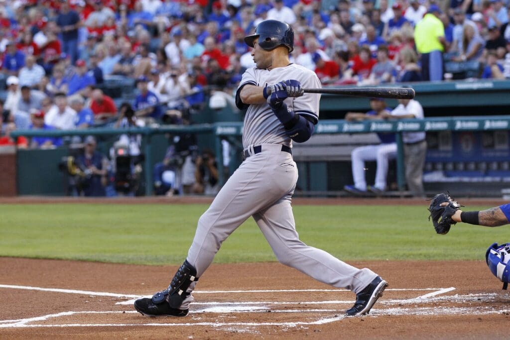 April 25, 2012; Arlington, TX, USA; New York Yankees shortstop Derek Jeter (2) during the game against the Texas Rangers at Rangers Ballpark in Arlington.