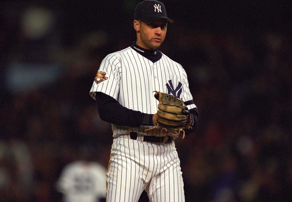 Oct 30, 2001; Bronx, NY, USA; FILE PHOTO; New York Yankees shortstop Derek Jeter on the field against the Arizona Diamondbacks during game three of the 2001 World Series at Yankee Stadium.