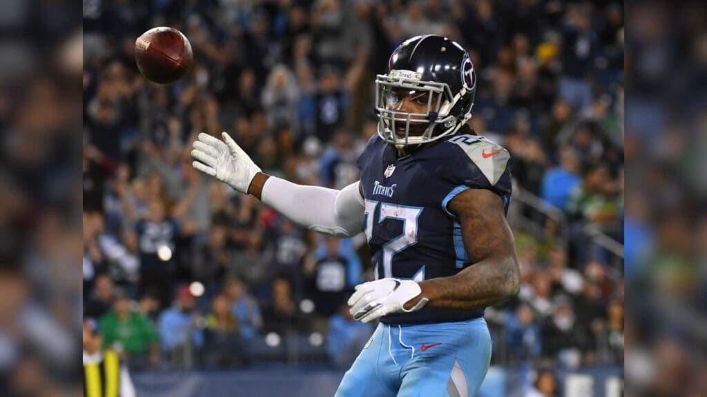 Dec 2, 2018; Nashville, TN, USA; Tennessee Titans running back Derrick Henry (22) after scoring a touchdown during the second half against the New York Jets at Nissan Stadium.